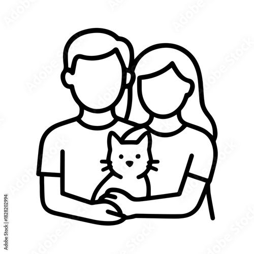 couple with a cat vector line icon on a white background Vector line icon on a white background
