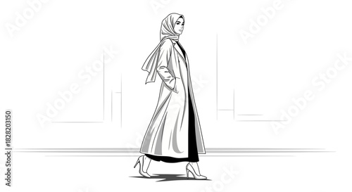 Elegant woman in a long coat and hijab, striding confidently
