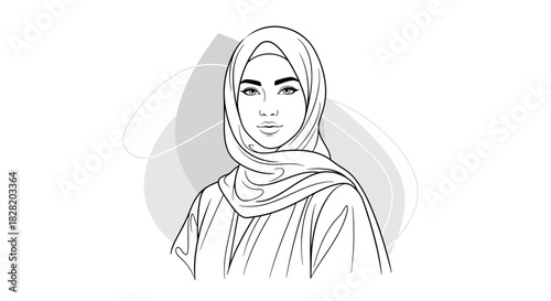 Minimalist outline portrait of a woman wearing a hijab against a grey abstract background