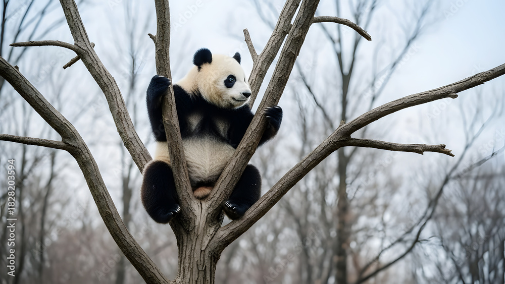 Fototapeta premium Giant panda sits comfortably in the branches of a bare tree in a natural outdoor environment Keywords: panda, giant panda, bear, animal, wildlife, nature, tree