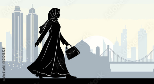 Silhouette of a woman in hijab walking with a handbag against a modern city skyline with mosque and bridge