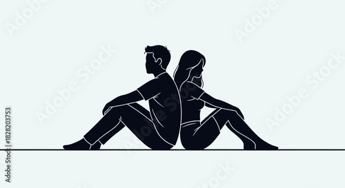 Two silhouettes of a couple sitting back-to-back, isolated on a light blue background