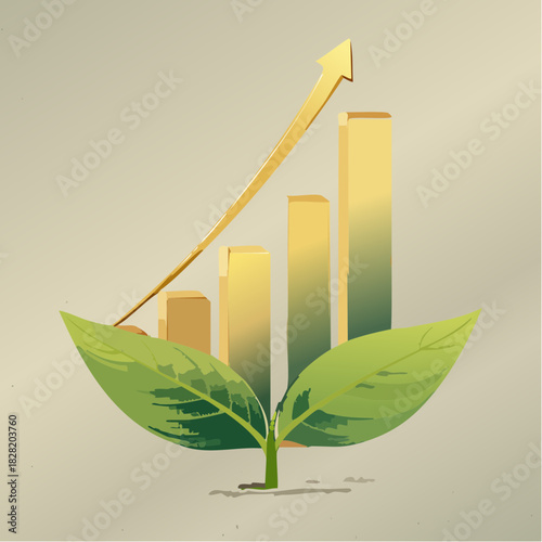 Sustainable financial growth concept, featuring a vibrant green plant sprout alongside an upward-trending golden bar graph, symbolizing natural development and economic prosperity