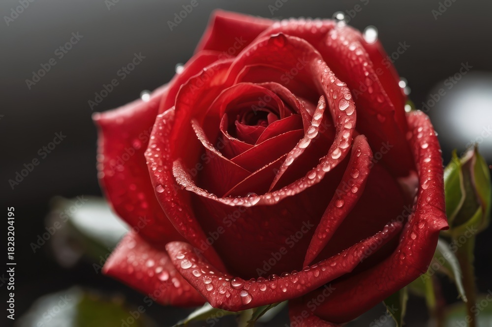 Fototapeta premium Close-up of a Deep Red Rose Covered in Dew Drops