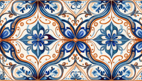 Ornate tile pattern with blue and brown floral and leaf motifs, featuring symmetrical and intricate designs, showcasing the beauty of traditional craftsmanship Generative AI