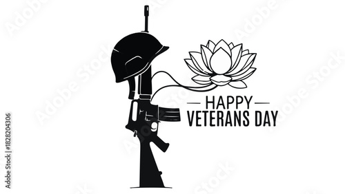 Honoring service members with a solemn tribute of a rifle, helmet, and lotus flower on Veterans Day.