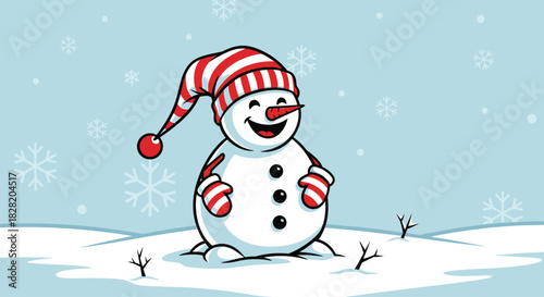 A cheerful snowman with a striped hat and mittens stands in a snowy winter scene with falling snowflakes.