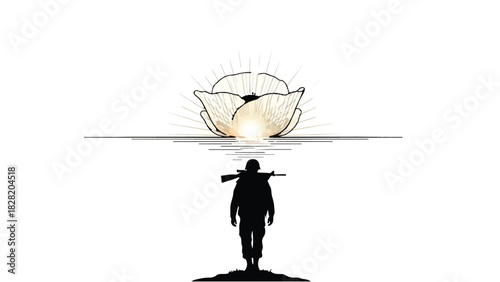 Solitary soldier walks towards a glowing poppy, symbolizing remembrance and hope.