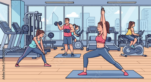 A group of diverse people exercising in a modern, sunlit gym with various workout equipment and a city view through large windows.