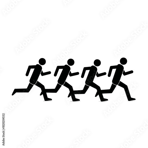 Four stick figures running in a race, black and white.