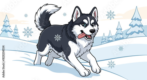 A happy cartoon husky dog running through a snowy winter landscape with snowflakes and pine trees.