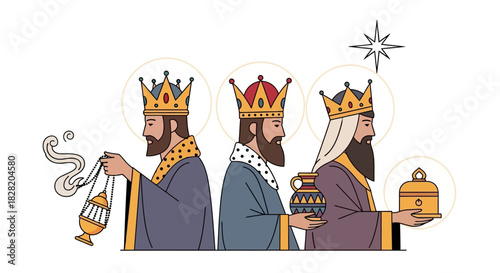Three wise men, also known as the Magi, bearing gifts of frankincense, myrrh, and gold, following the Star of Bethlehem.