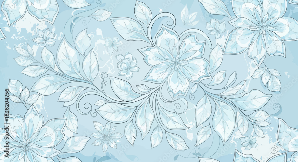 Fototapeta premium Elegant light blue background with intricate white floral patterns, featuring delicate flowers, swirling leaves, and a frosty texture.