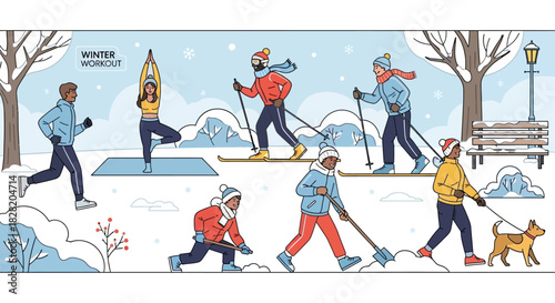Diverse people engaging in various outdoor winter activities and exercises in a snowy park, including jogging, yoga, cross-country skiing, shoveling snow, and walking a dog.