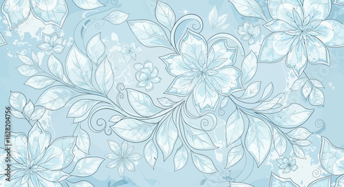 Elegant light blue background with intricate white floral patterns, featuring delicate flowers, swirling leaves, and a frosty texture.
