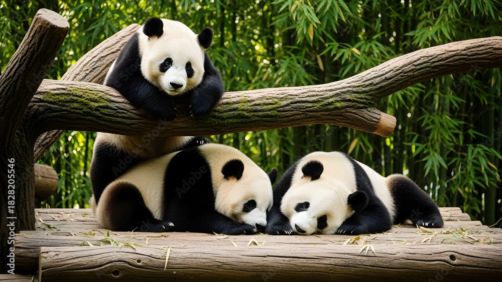 Naklejka premium Three giant pandas relaxing on wooden platforms surrounded by bamboo forest Keywords: giant panda, bear, animal, wildlife, bamboo, forest, nature, trees, log, wooden
