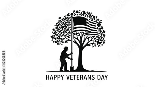 Silhouette of a person planting a flag at the base of a tree, symbolizing national pride and remembrance.