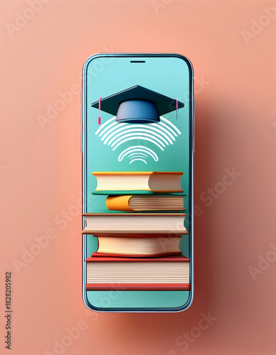 A smartphone displaying stacked books and a graduation cap, representing digital learning, online education, and modern academic technology. A clean, colorful composition with an educational theme.