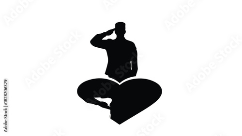 Silhouette of a person in uniform saluting, superimposed over a heart shape, symbolizing love and patriotism.