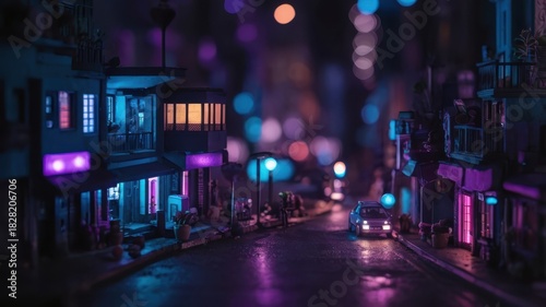 Fototapeta Naklejka Na Ścianę i Meble -  Miniature Neon Cityscape at Night, Purple and Blue Lighting