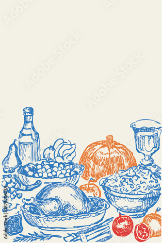 Hand drawn harvest Thanksgiving border illustration with autumn food, turkey, pumpkins and copy space