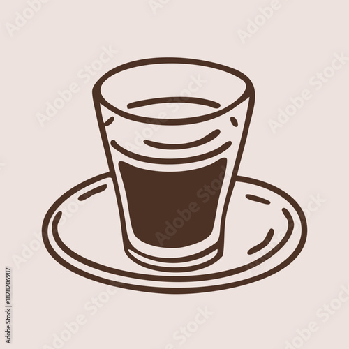Espresso shot glass on saucer in outline style. Hand drawn vector isolated illustration. 
