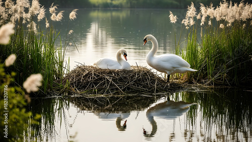 Fototapeta Naklejka Na Ścianę i Meble -  Two white swans nesting on a twig nest in a calm lake surrounded by reeds bird birds