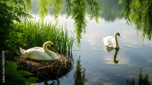 Fototapeta Naklejka Na Ścianę i Meble -  Two white swans on a tranquil lake with lush green foliage and weeping willow branches overhead