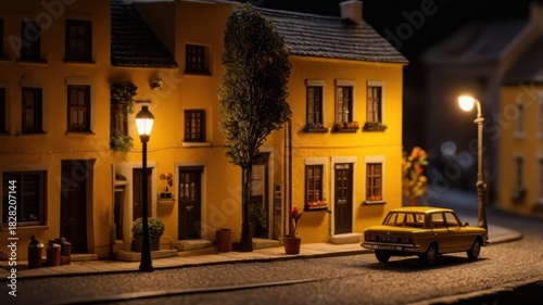 Fototapeta Naklejka Na Ścianę i Meble -  Miniature Yellow Townhouse Scene with Classic Car and Warm Streetlight Glow at Night