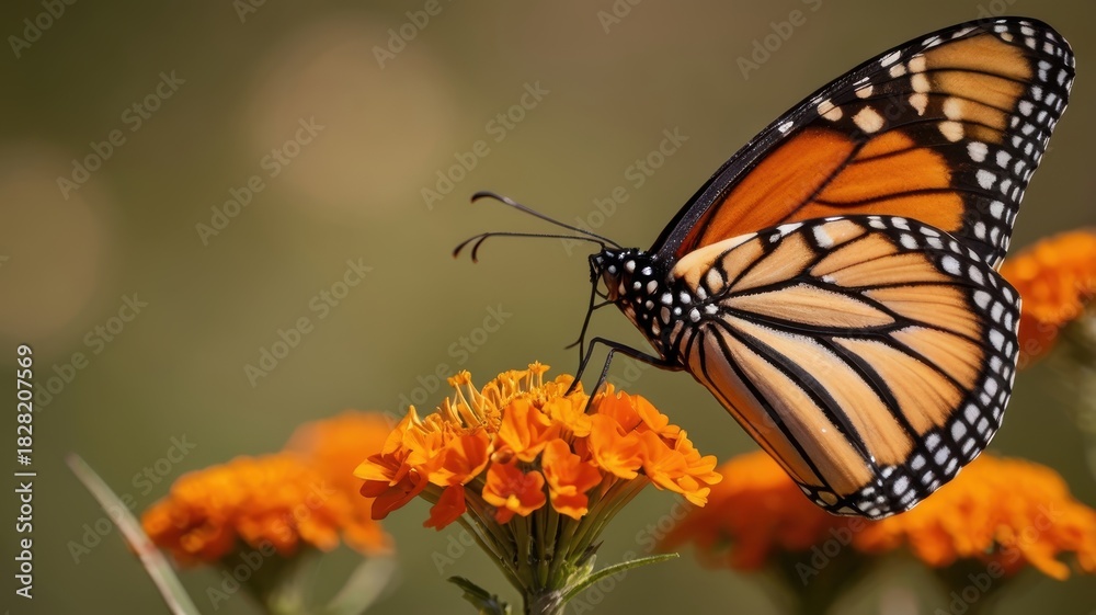 Obraz premium Monarch Butterfly on Orange Flower, Close-up Detail