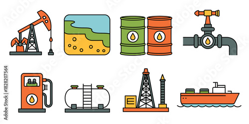 Illustration showing various stages and components of the oil industry process