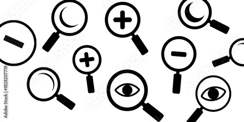 A collection of magnifying glass icons with various symbols inside the lens