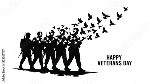 Soldiers marching with doves flying above, symbolizing peace and remembrance on Veterans Day.