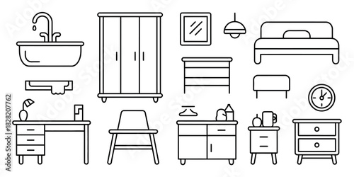 Line drawing of bedroom and bathroom furniture including bed sink and wardrobe