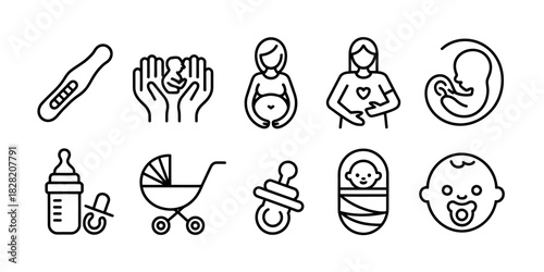 Collection of line art icons depicting pregnancy and baby related items and stages