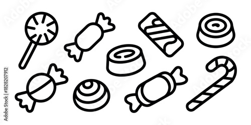 A collection of various candy icons including lollipop and candy cane design