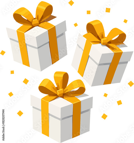 Three white gift boxes with gold ribbons floating among confetti for a festive celebration