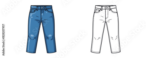 Pair of blue denim straight-cut jeans in a cartoon style, shown next to an identical black and white outline drawing