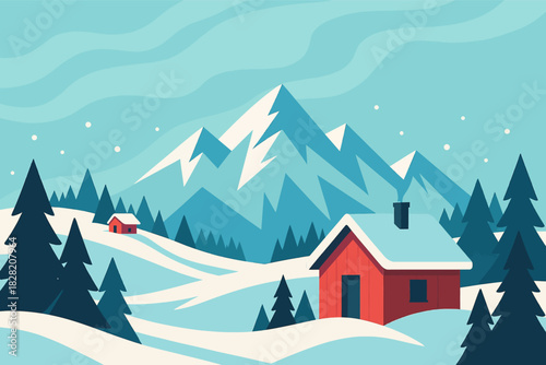 Cozy red cabin nestled in a snowy winter landscape with mountains and pine trees on a bright day