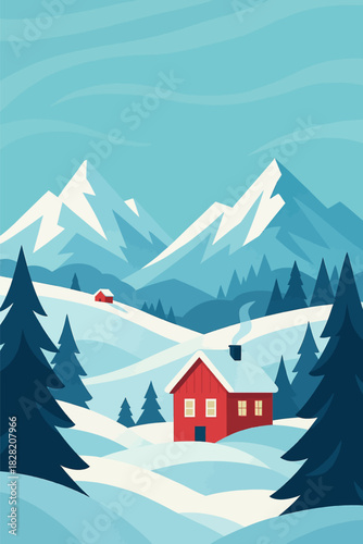 Cozy red cabin nestled in a snowy winter landscape with majestic mountains under a bright blue sky