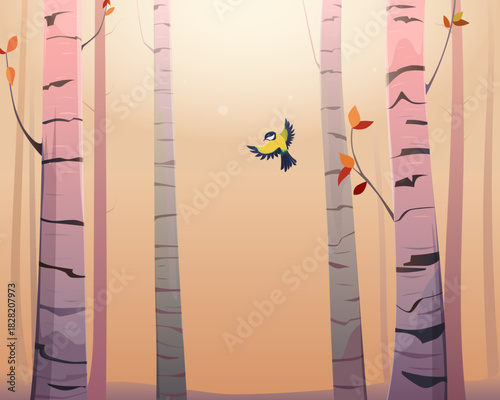 Autumn forest, trees, and foliage. Birch forest in autumn, sunrise and sunlight, morning mist, a flying titmouse. Cute vector illustration of a natural landscape background. Hand-drawn autumn scene.