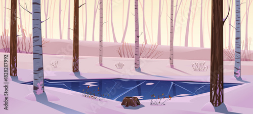 A winter forest landscape with an ice-covered pond, deciduous trees and bushes, an old stump, hills, and snowdrifts. Hand-drawn natural background. Cute vector nature landscape in cartoon style.