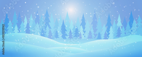 Winter forest landscape with falling snow, blue pine trees and snowy hills under soft sunrise light. Blue, frozen background or wallpaper. Editable vector illustration.