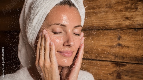Relaxed Woman Enjoying Skincare Treatment with Water Splash in Spa Setting