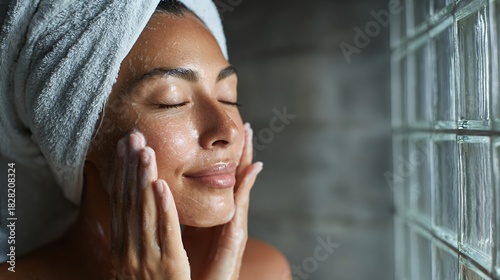Relaxed Woman Washing Face in Bathroom with Natural Light and Glass Blocks