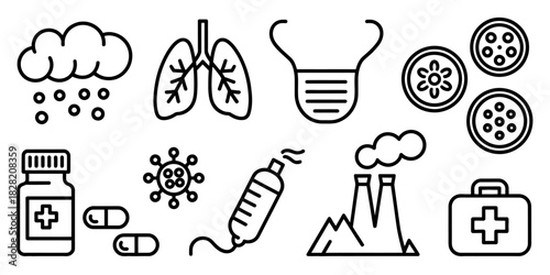 Line art illustration of health and environmental related icons in black and white