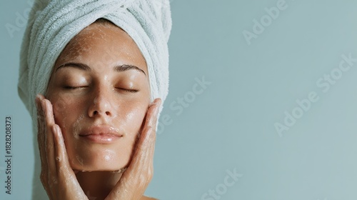 Relaxed Woman Washing Face with Soap in Bathroom Spa Setting