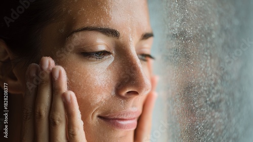 Relaxed Woman Washing Face with Water on Bathroom Window