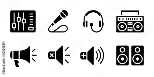 Illustration of audio equipment including mixer microphone and speakers in black