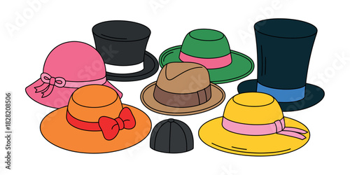 A collection of various colorful hats including top hats and sun hats cartoonish